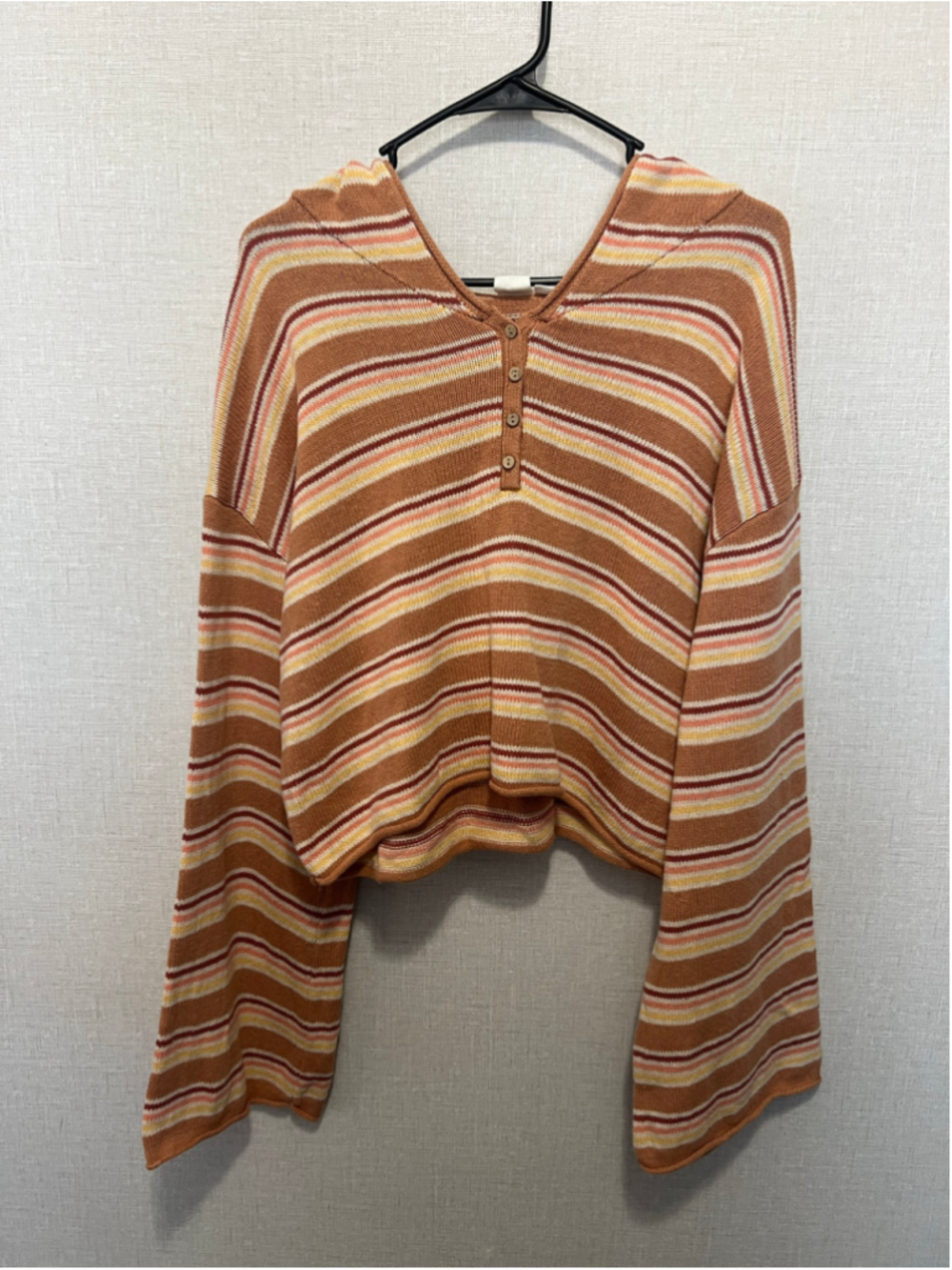 Roxy Striped Earthy Relaxed Loose Fit Hooded Henley Sweater With Bell Sleeves